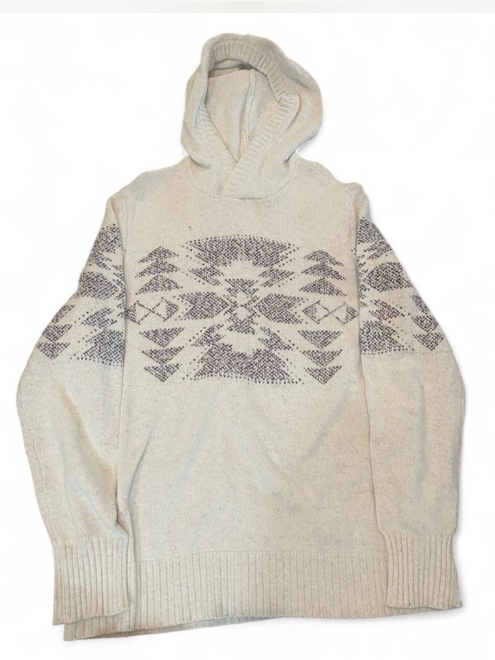 American Eagle Outfitters Cream Hooded Sweater with Gray Geo Print